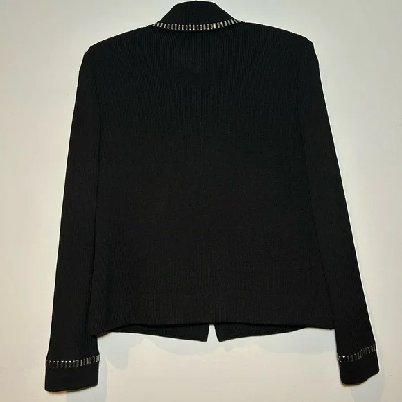St. John Collection Black Leather Panel Zip Up Sweater - Picture 3 of 7